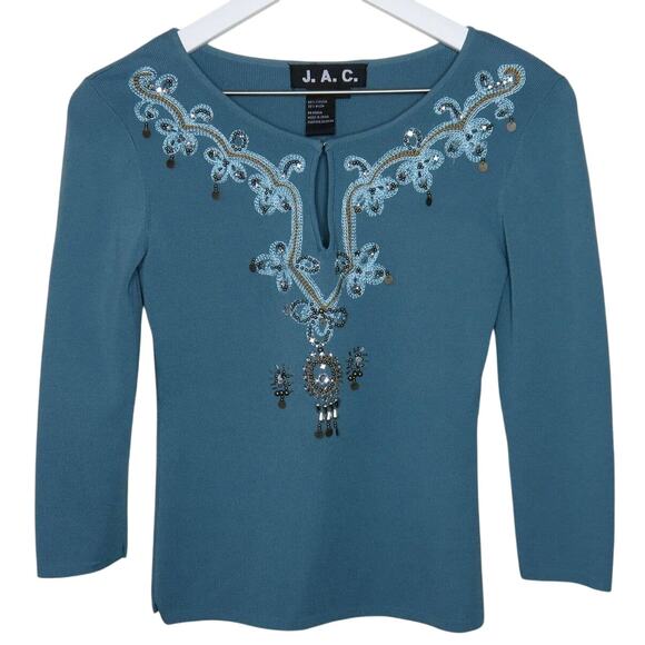 Y2K Stretchy Embroidered Beaded 3/4 Sleeve Shirt - Women's M - Picture 1 of 6